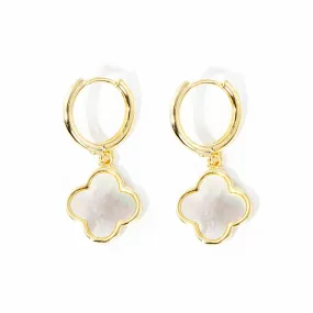 Gold Dipped Mother of Pearl Quatrefoil Link Dangle Huggie Hoop Earrings