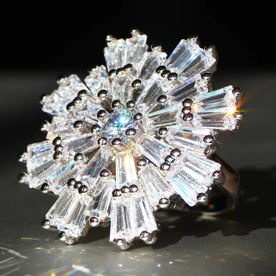 Huge Full Baguette Starburst Created White Sapphire Cocktail Ring