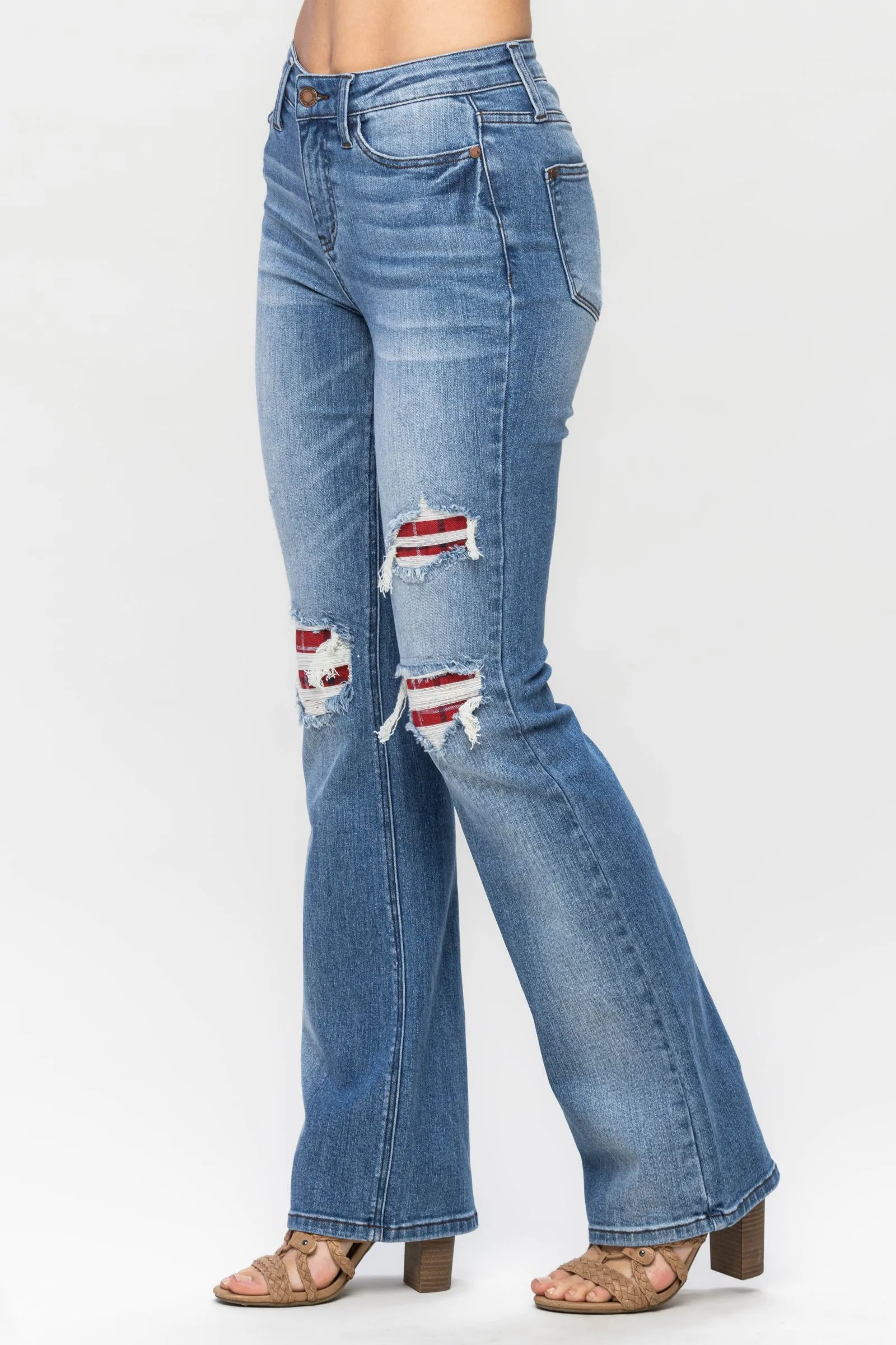 Judy Blue Mid Rise Plaid Patch Detail Bootcut