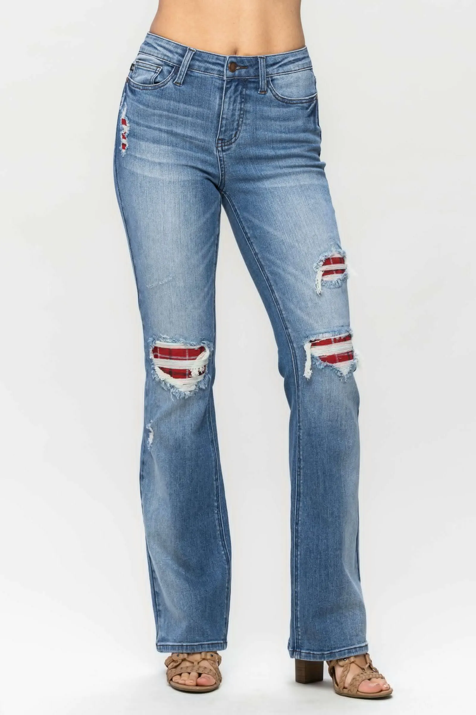 Judy Blue Mid Rise Plaid Patch Detail Bootcut