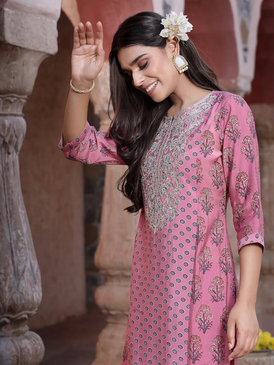 Juniper Pink Ethnic Motif Printed Muslin Straight Kurta & Pure Cotton Pants Set With Zari Work.