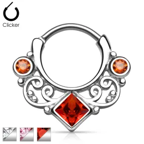 Lace Swirl Gem w/ Square CZ Center Septum Clicker