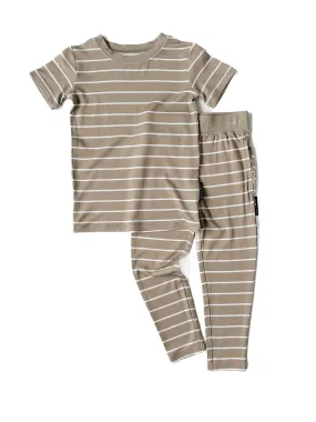 LB x Baby Breez Short Sleeve Pinstripe 2 Piece Pajamas - Khaki Green and White