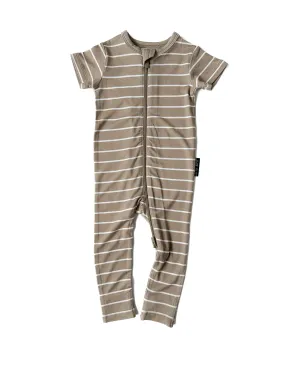 LB x Baby Breez Short Sleeve Pinstripe Romper Pajamas - Khaki Green and White