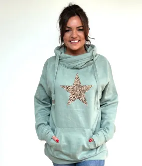 Luxury Cowl Neck Leopard Star Hoodie - Sage