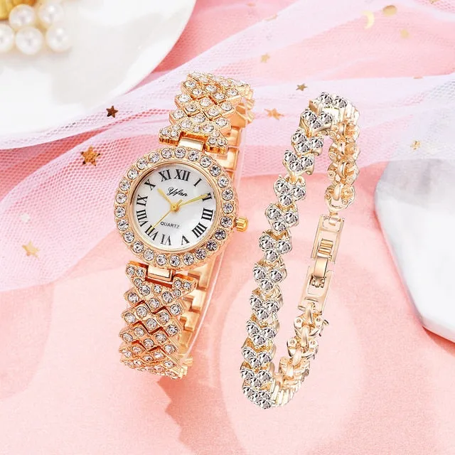 Luxury Women Elegant 2pcs Set Diamond Wristwatch