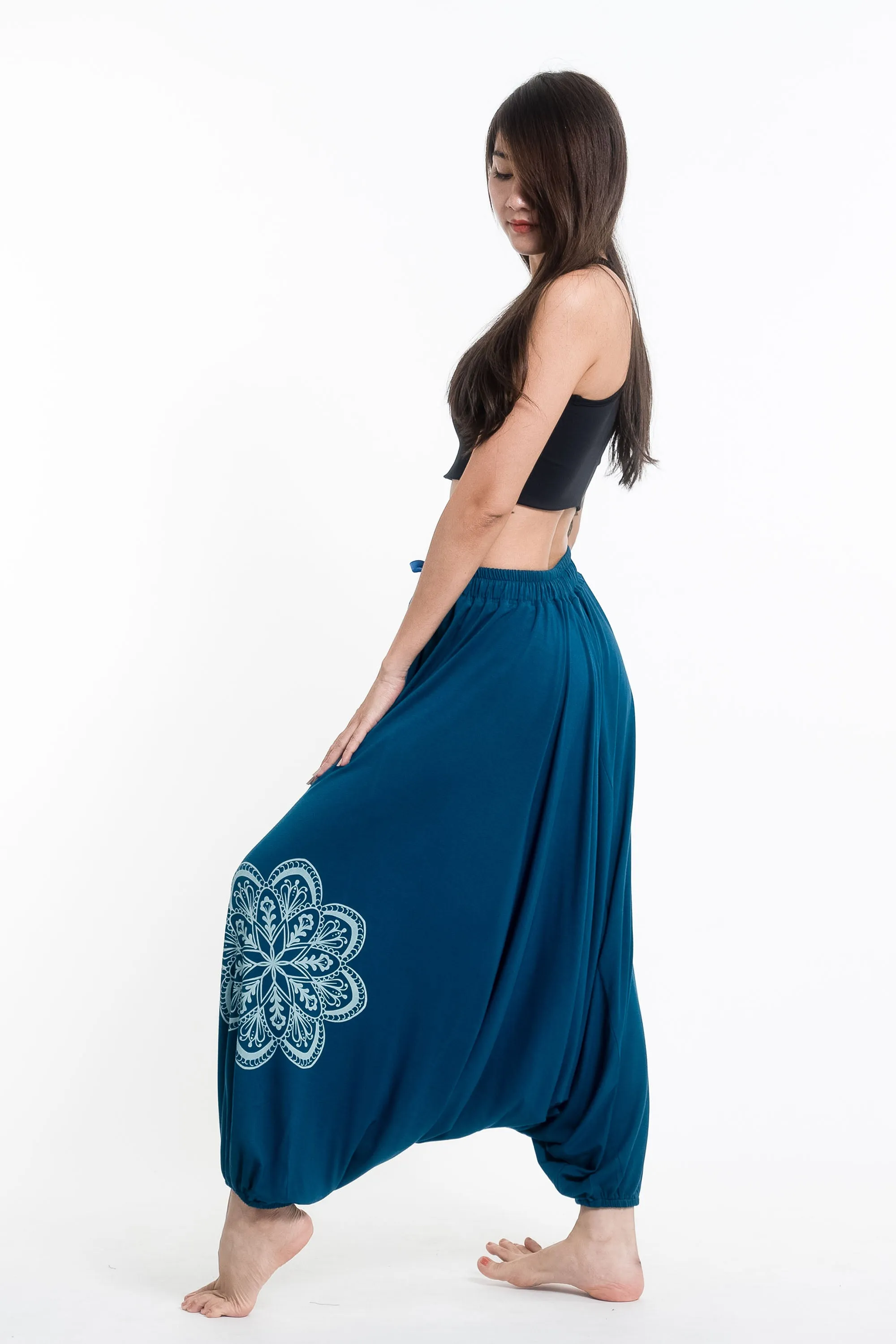 Mandala Print Drawstring Low Cut Harem Pants Cotton Spandex in Turquoise