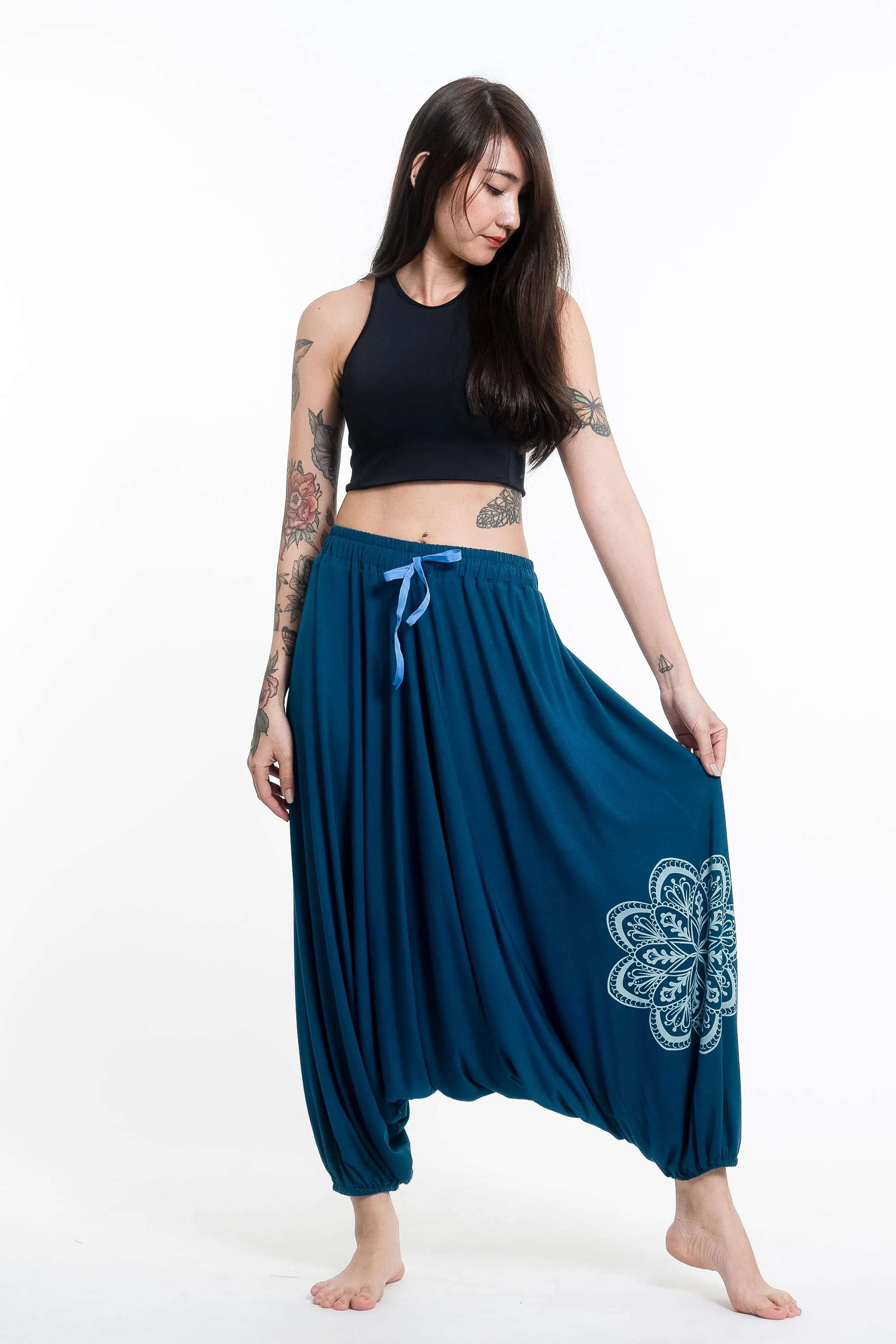 Mandala Print Drawstring Low Cut Harem Pants Cotton Spandex in Turquoise