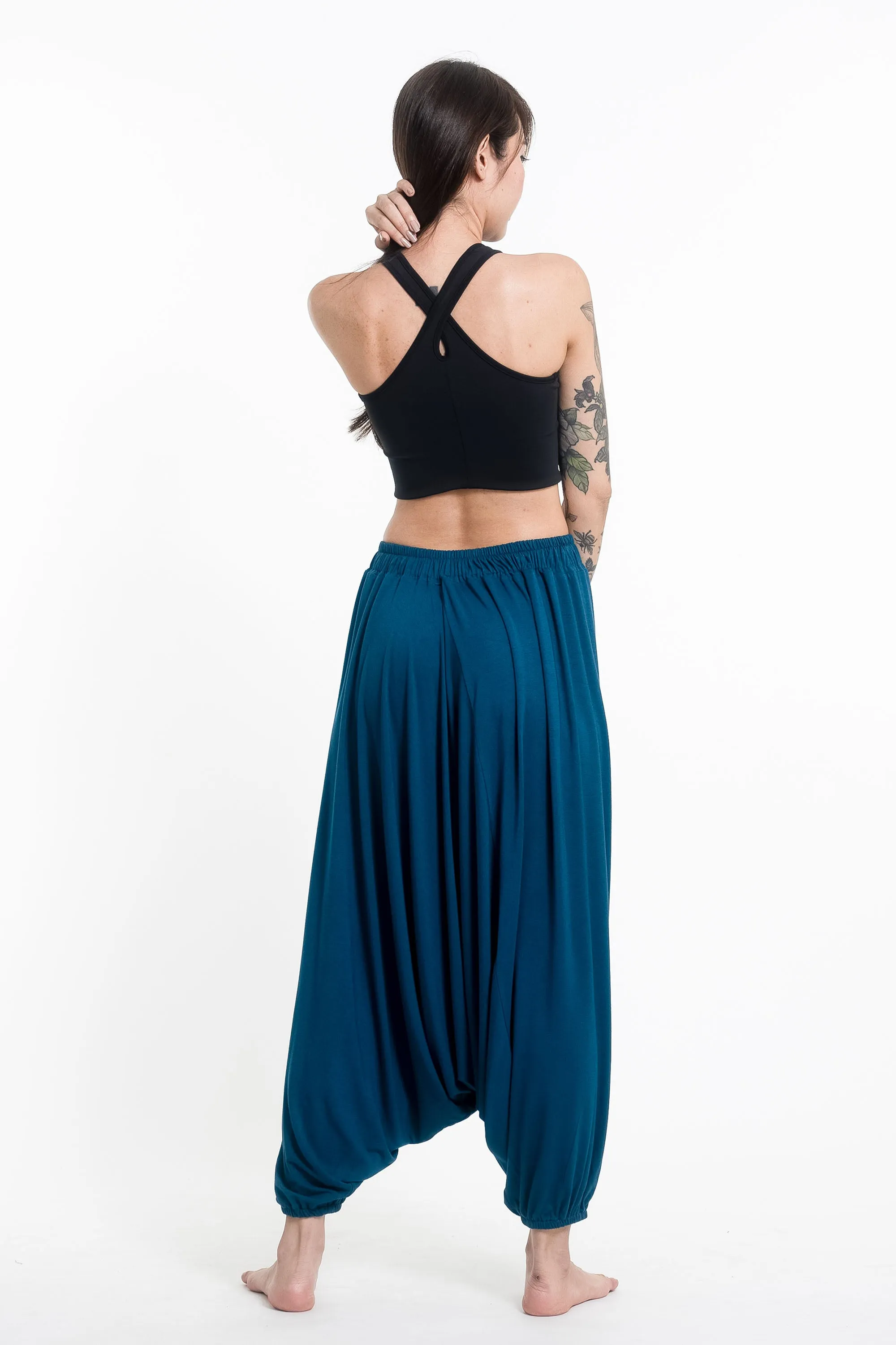 Mandala Print Drawstring Low Cut Harem Pants Cotton Spandex in Turquoise