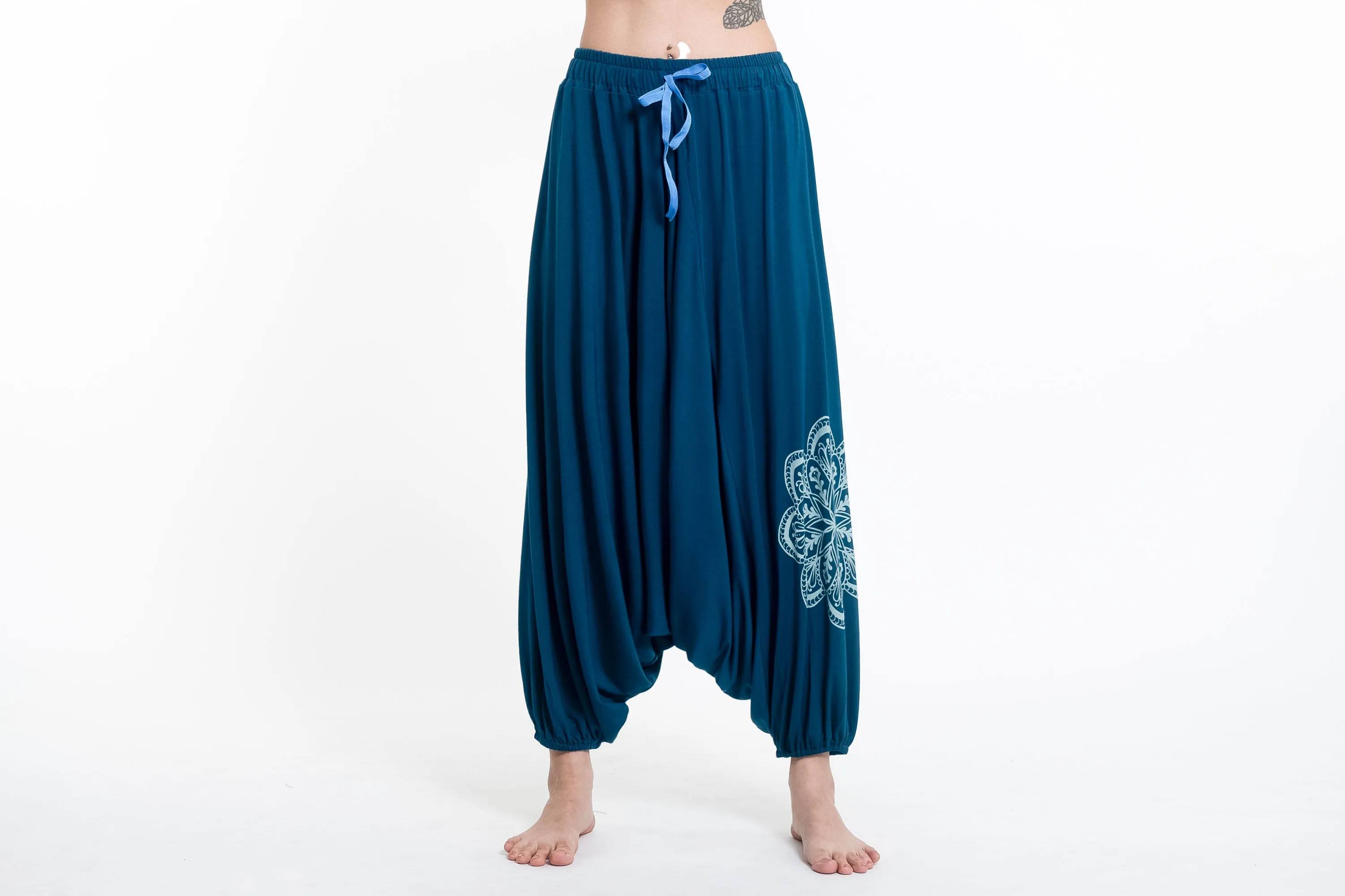 Mandala Print Drawstring Low Cut Harem Pants Cotton Spandex in Turquoise