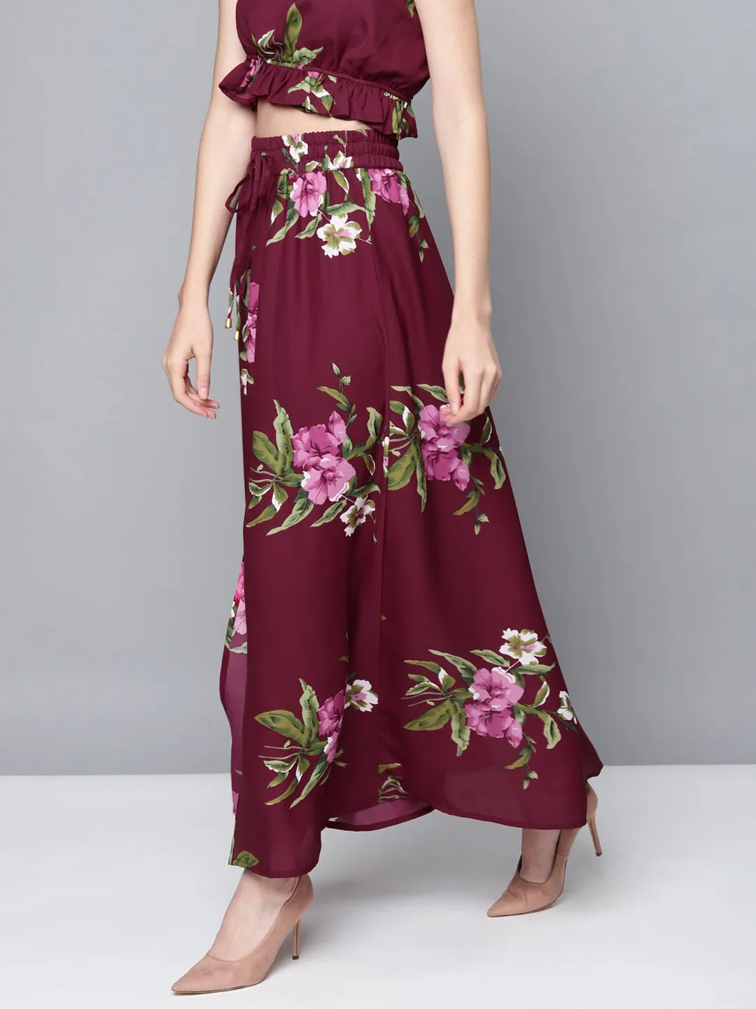 Maroon Floral Maxi Skirt