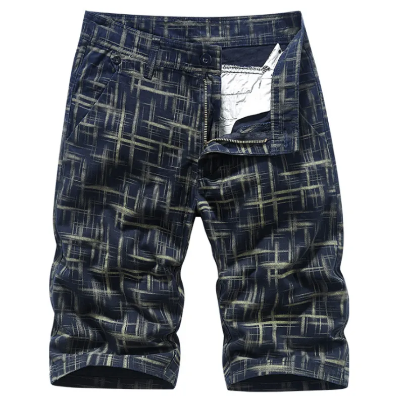 Men's Casual Five-point Pants Straight Wash Plaid Cotton Shorts