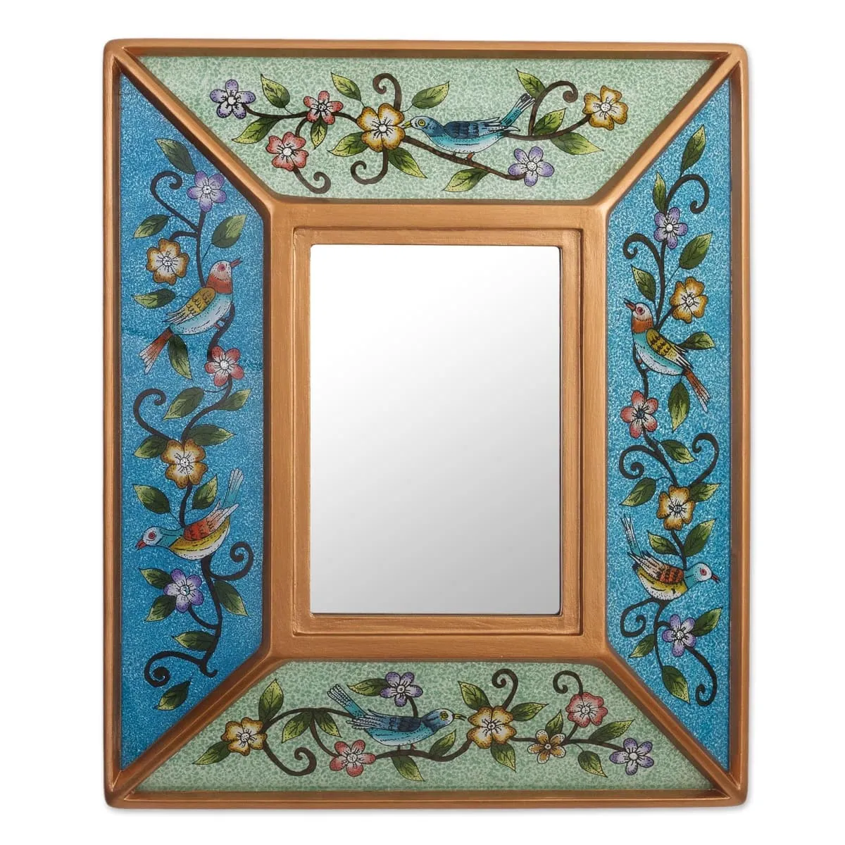 Novica Birdsong In Blue And Green Reverse-Painted Glass Wall Mirror