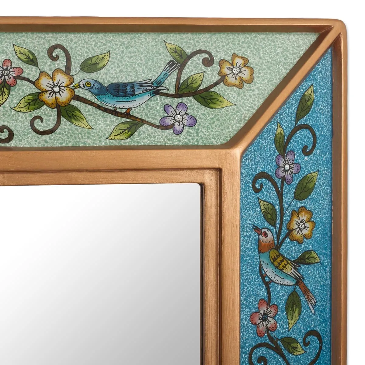 Novica Birdsong In Blue And Green Reverse-Painted Glass Wall Mirror