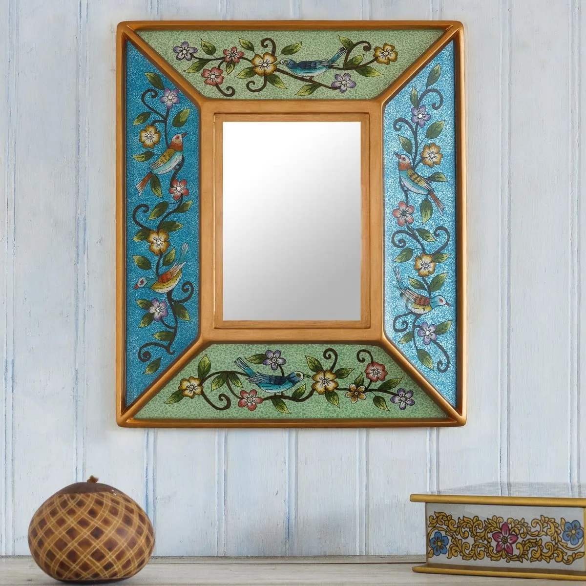 Novica Birdsong In Blue And Green Reverse-Painted Glass Wall Mirror