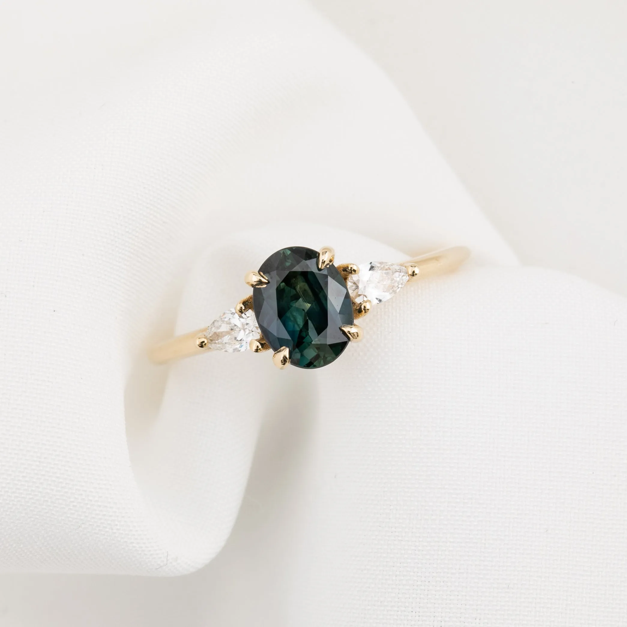 Olivia Ring 1.07ct Blue Green Queensland Sapphire, 14K Yellow Gold (One of a kind)