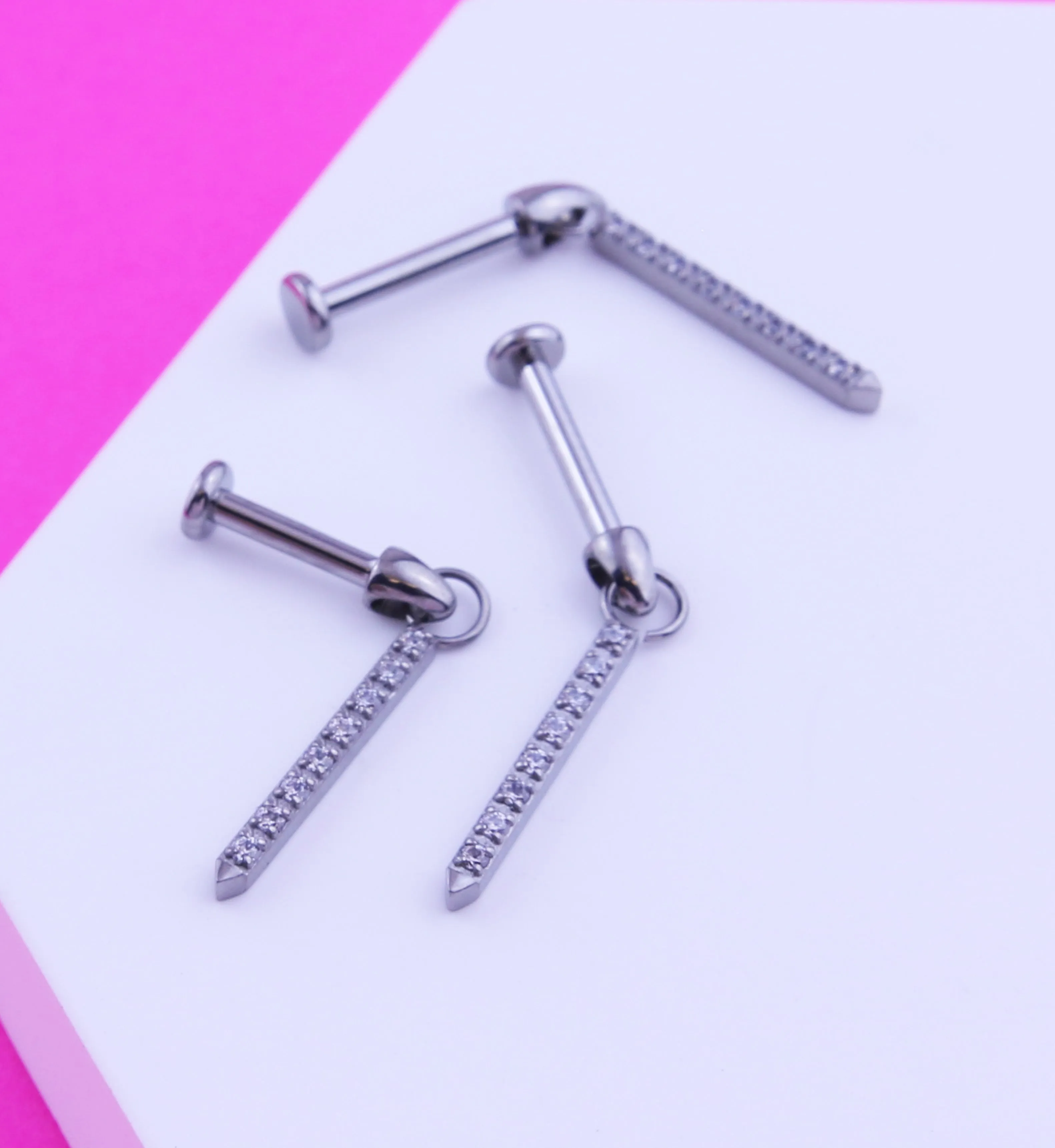 Pave Clear CZ Dangle Post Internally Threaded Titanium Labret