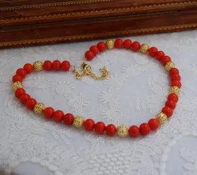 Renaissance Coral Red and Filigree Necklace