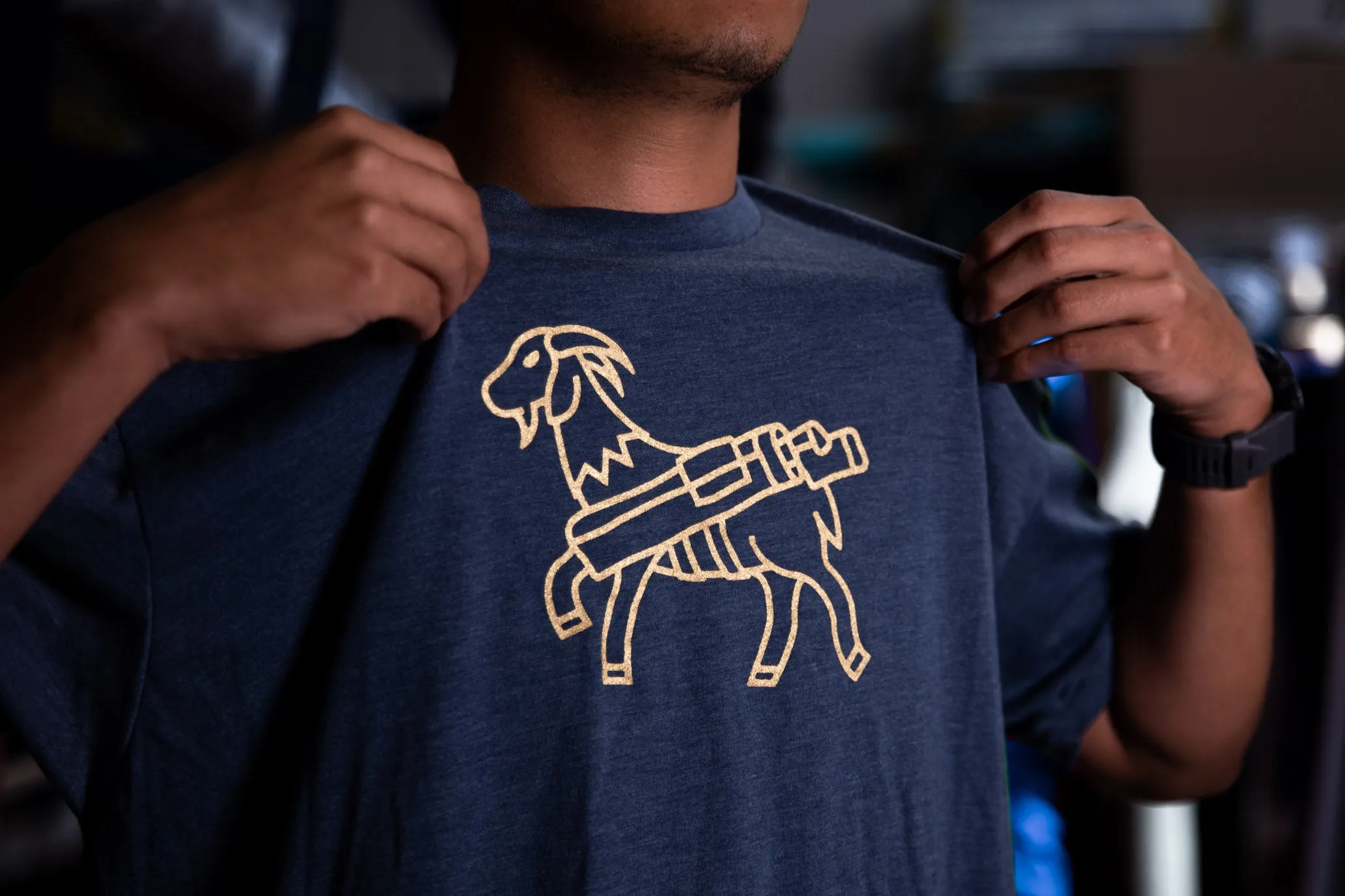 SEAMUS GOAT T-Shirt - Gold on Blue