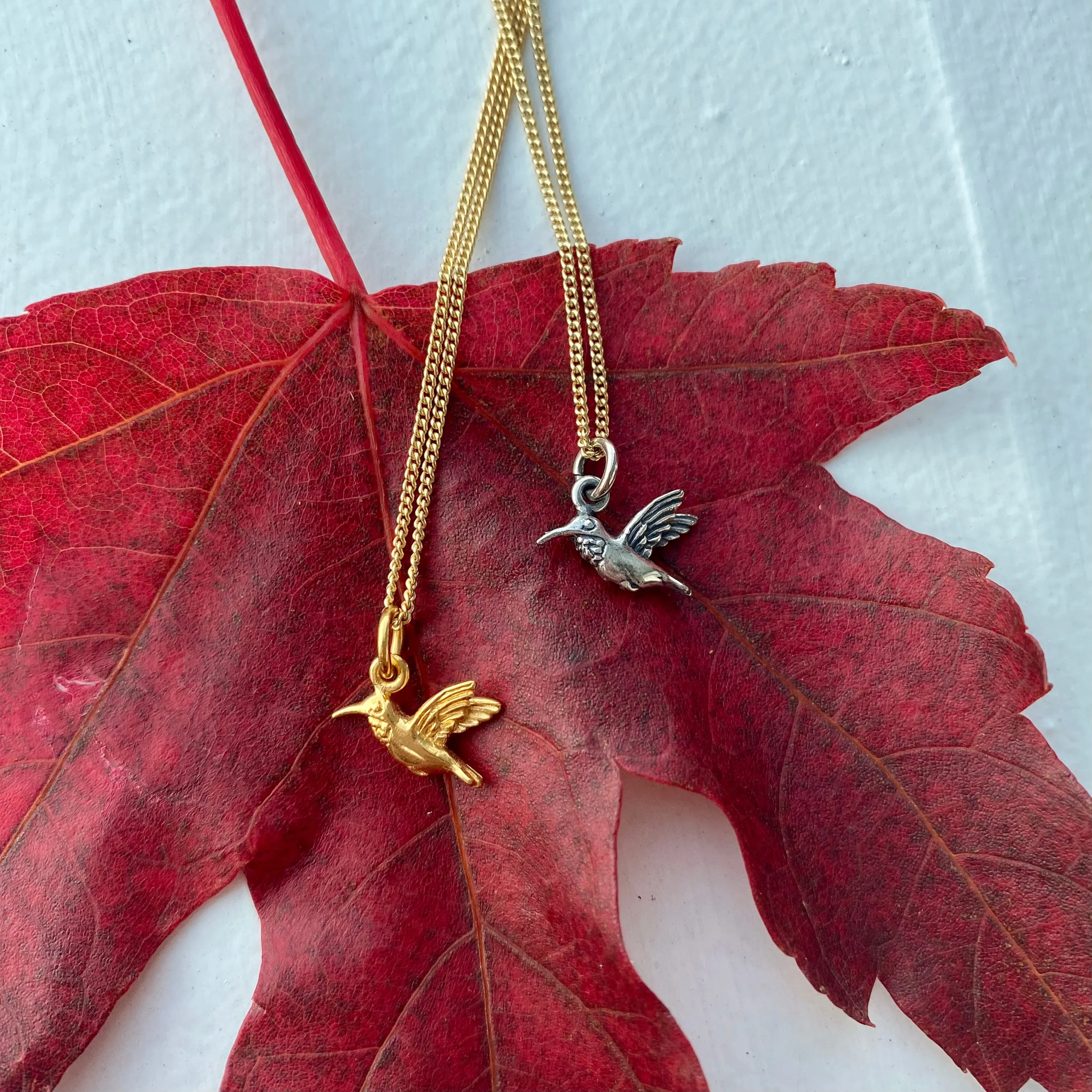 Tiny Hummingbird Charm Necklace in Silver