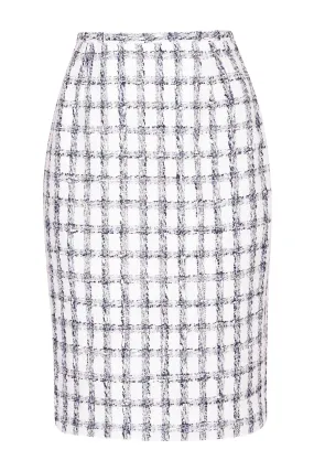 Tweed Pencil Skirt in White with Navy Overchecks - Penny