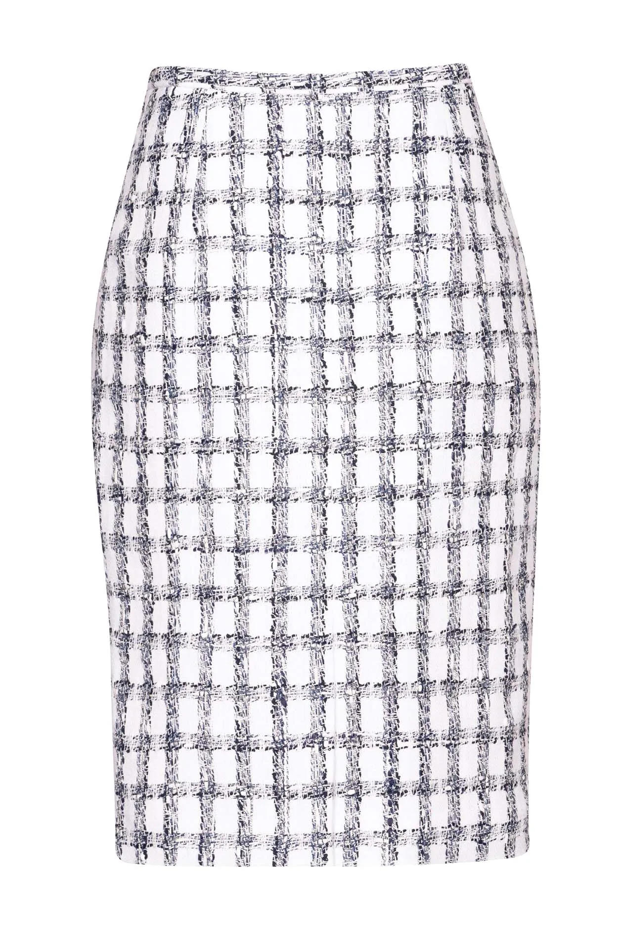 Tweed Pencil Skirt in White with Navy Overchecks - Penny