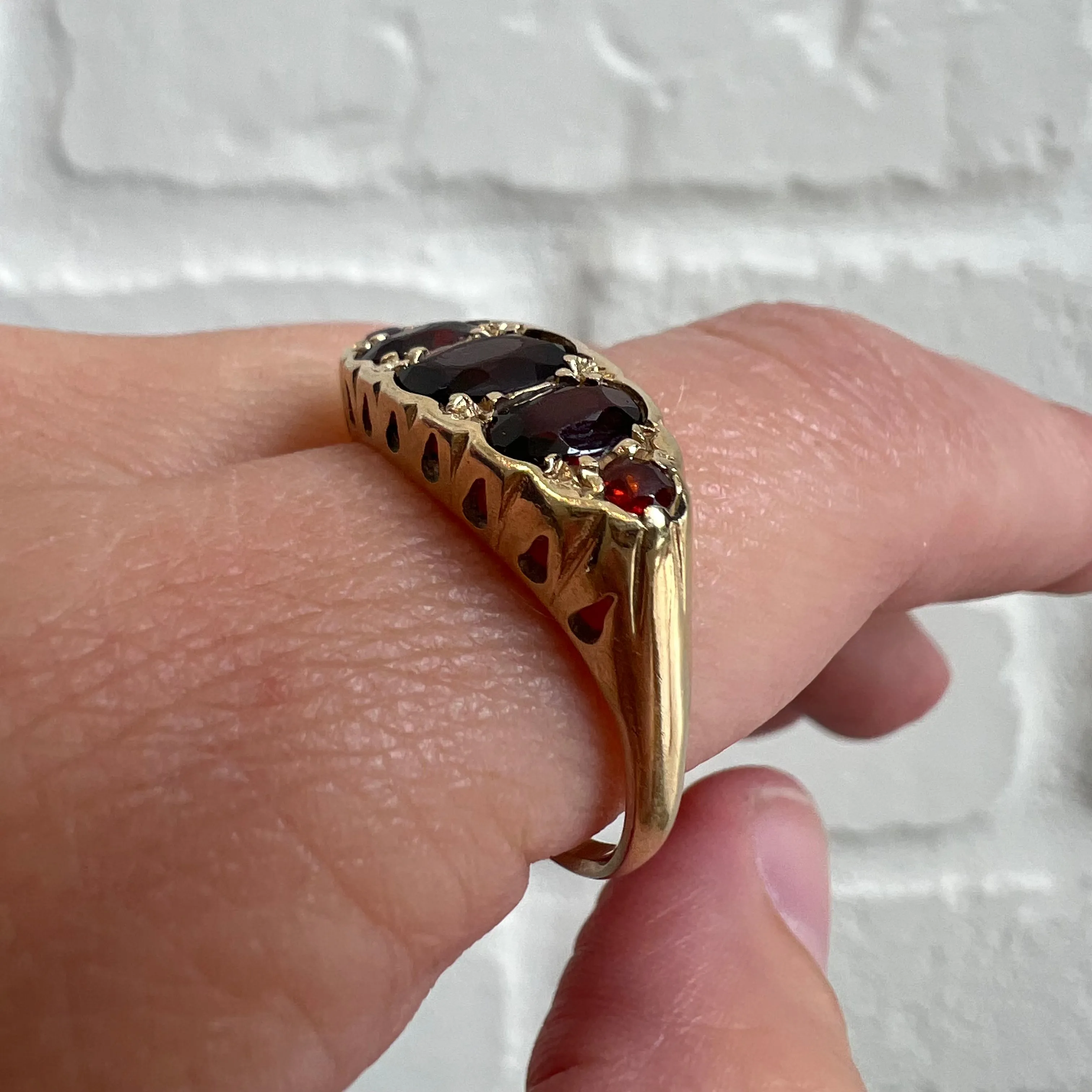 V I N T A G E // burgundy bliss / 9k and garnet 5 stone boat ring / victorian style / size 9.25