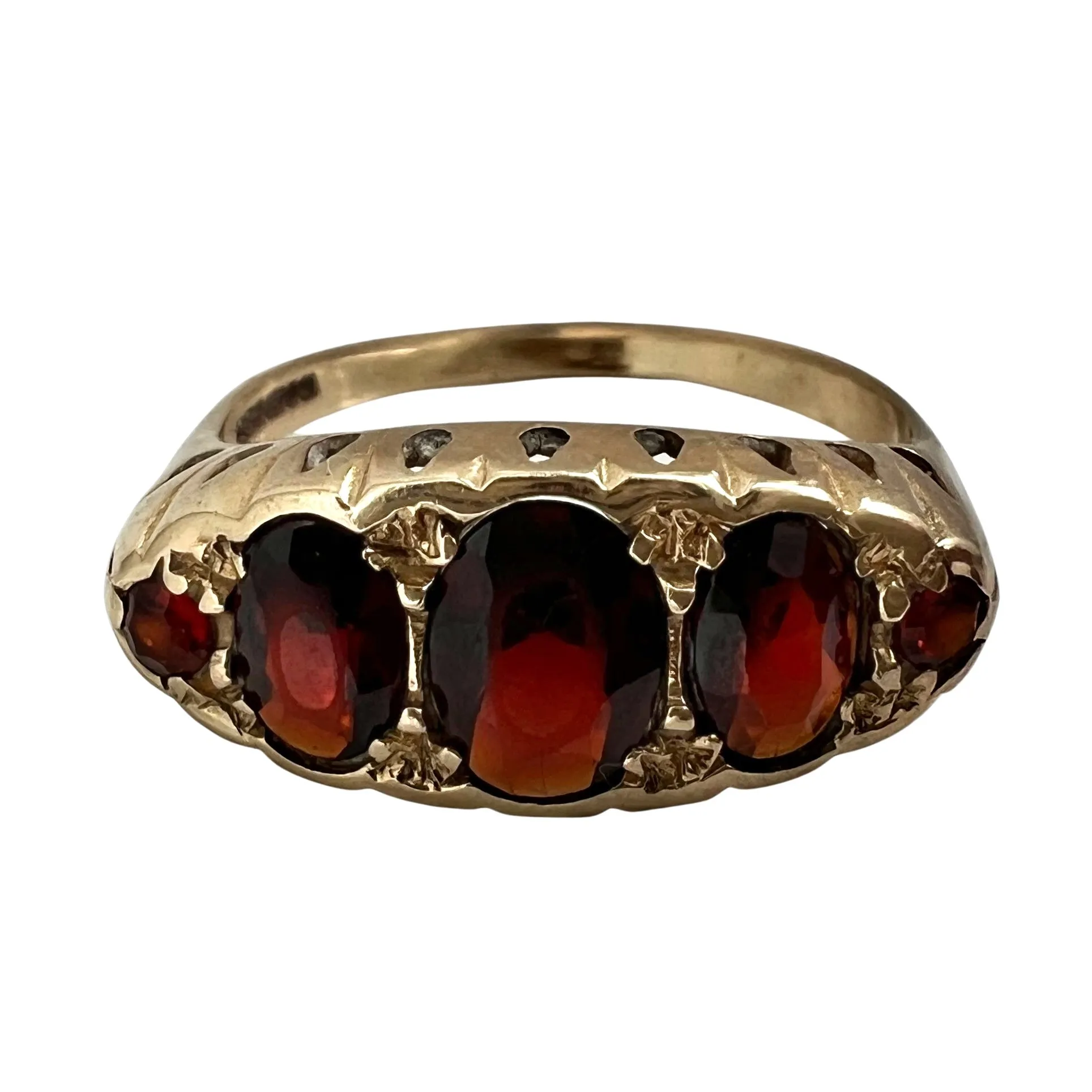 V I N T A G E // burgundy bliss / 9k and garnet 5 stone boat ring / victorian style / size 9.25