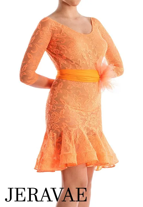 Victoria Blitz Lace Latin Dress with V-Neck, 3/4 Sleeves, and Wide Ribbon Belt Available in 6 Colors PRA 749 in Stock