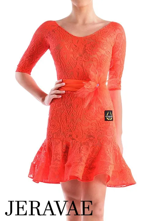 Victoria Blitz Lace Latin Dress with V-Neck, 3/4 Sleeves, and Wide Ribbon Belt Available in 6 Colors PRA 749 in Stock