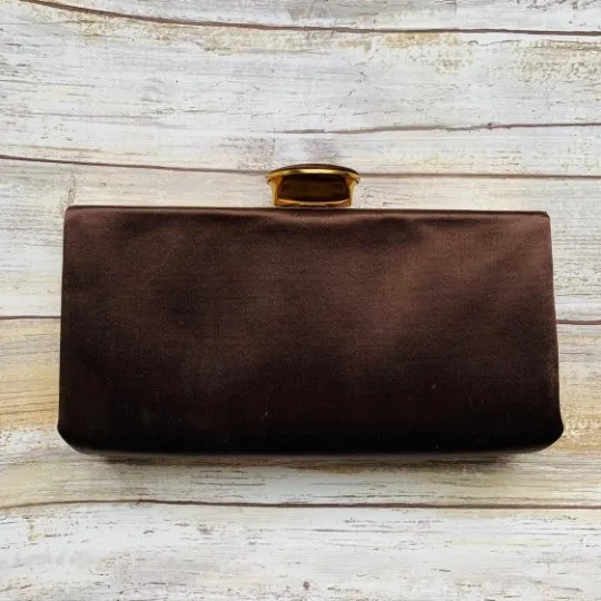 Vintage Brown Satin Clutch with Gold Tone Accents by Evans. 1940s Hollywood Glamour.