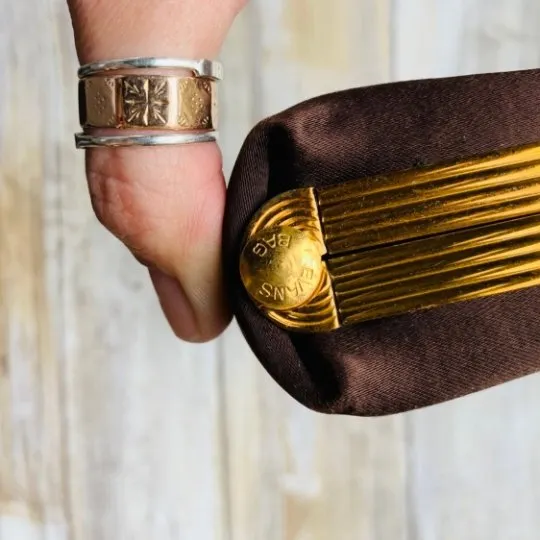 Vintage Brown Satin Clutch with Gold Tone Accents by Evans. 1940s Hollywood Glamour.