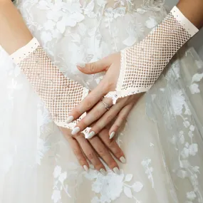 White Embellished Fishnet Fingerless Wedding Gloves