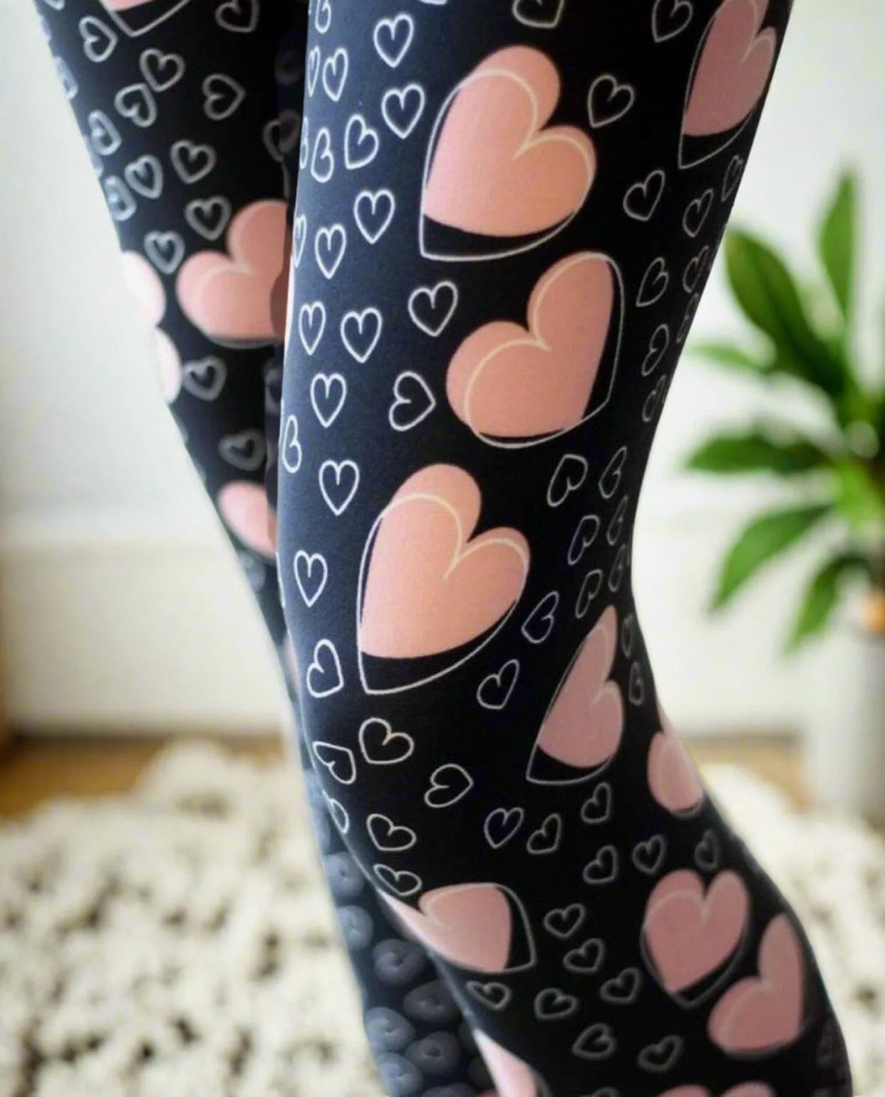 Womens Heart Leggings, Valentines Day Leggings, Soft Yoga Pants, Sizes 0-20, Yoga Waist, Black/Pink