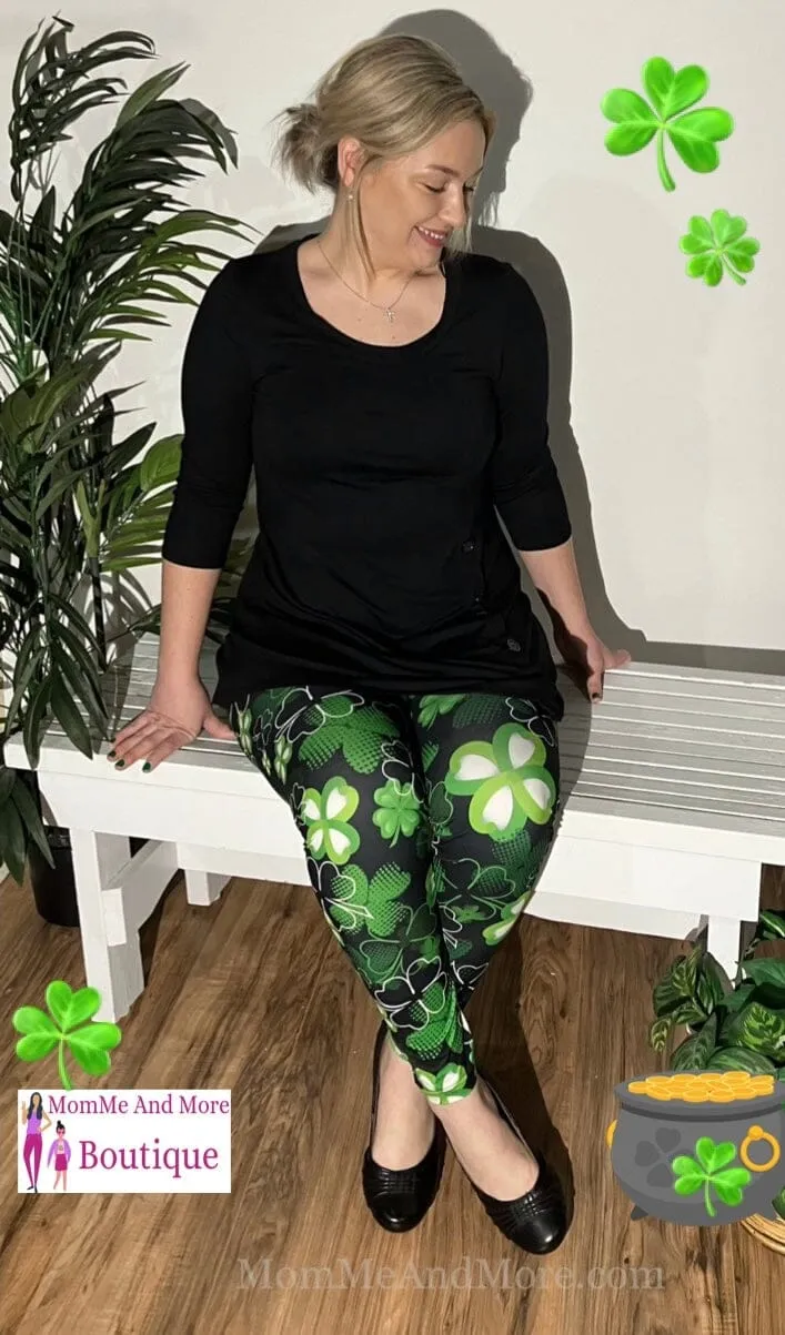 Womens Shamrock Leggings, St. Patrick Day Leggings, Soft Yoga Pants, Sizes 0-20, Yoga Waist, Green/Black, Exclusive Leggings