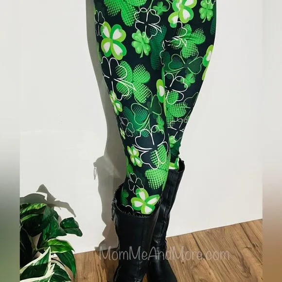 Womens Shamrock Leggings, St. Patrick Day Leggings, Soft Yoga Pants, Sizes 0-20, Yoga Waist, Green/Black, Exclusive Leggings