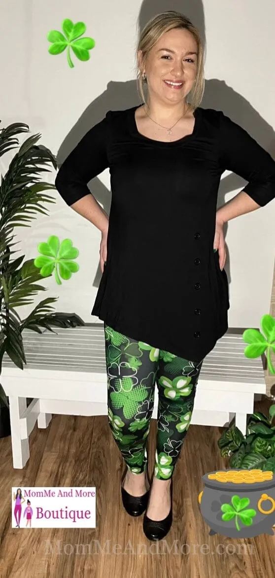 Womens Shamrock Leggings, St. Patrick Day Leggings, Soft Yoga Pants, Sizes 0-20, Yoga Waist, Green/Black, Exclusive Leggings