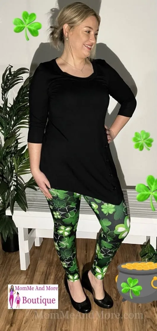 Womens Shamrock Leggings, St. Patrick Day Leggings, Soft Yoga Pants, Sizes 0-20, Yoga Waist, Green/Black, Exclusive Leggings