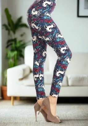 Womens Unicorn Leggings, Soft Yoga Pants, Sizes 0-18, No-Roll Waist, Blue/White